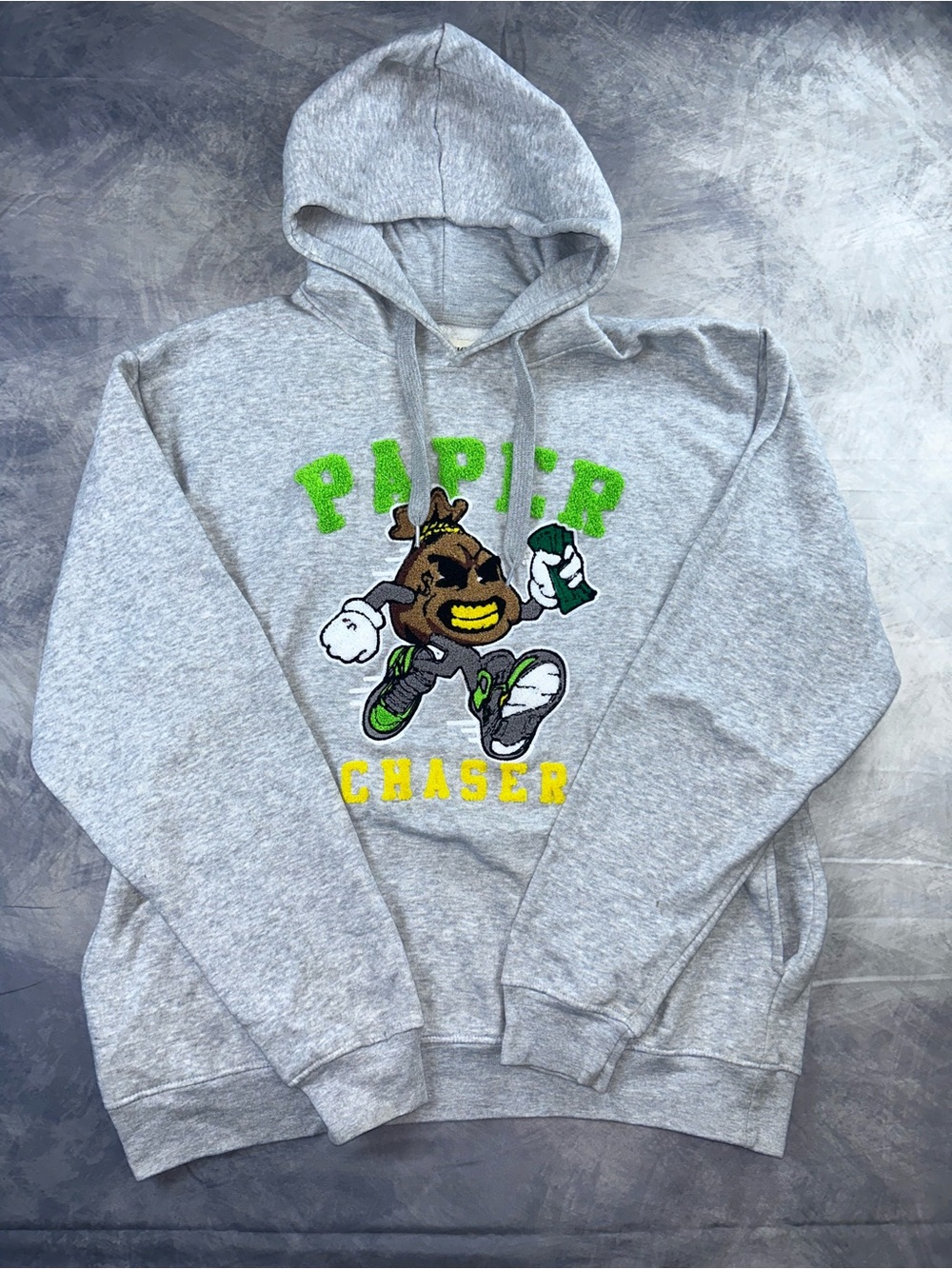 Gray Graphic Crewneck Hoodie with Green & Yellow 'PIPER CHASER' Design